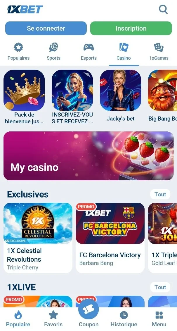 Casino 1xBet dans l'application : machines à sous, jeux exclusifs et 1xLive