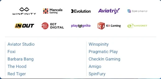 Fournisseurs du casino 1xBet : Evolution, Pragmatic Play, EGT Digital, Red Tiger et autres studios