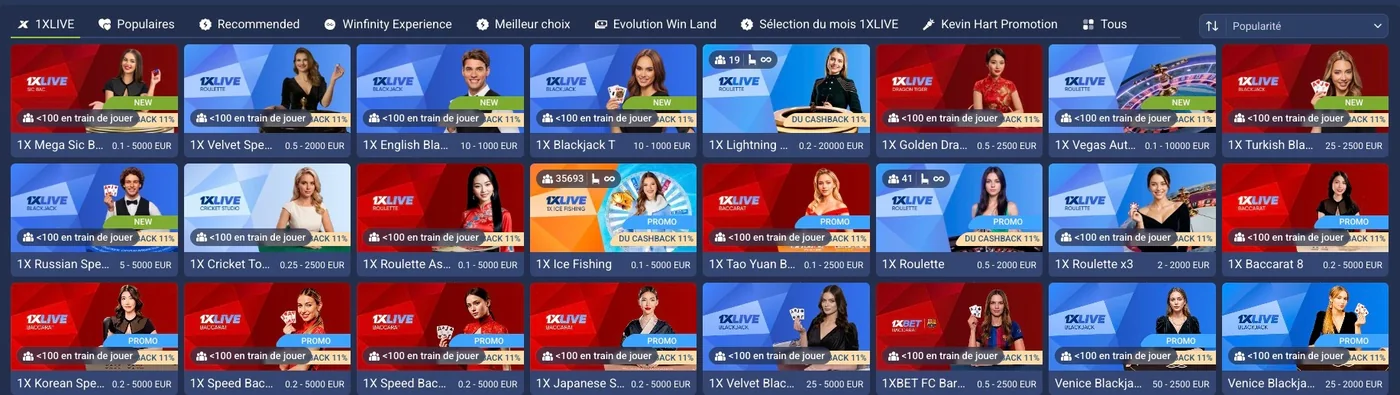 Lobby du casino en direct 1xBet : tables 1xLive de roulette, blackjack et baccarat avec croupiers